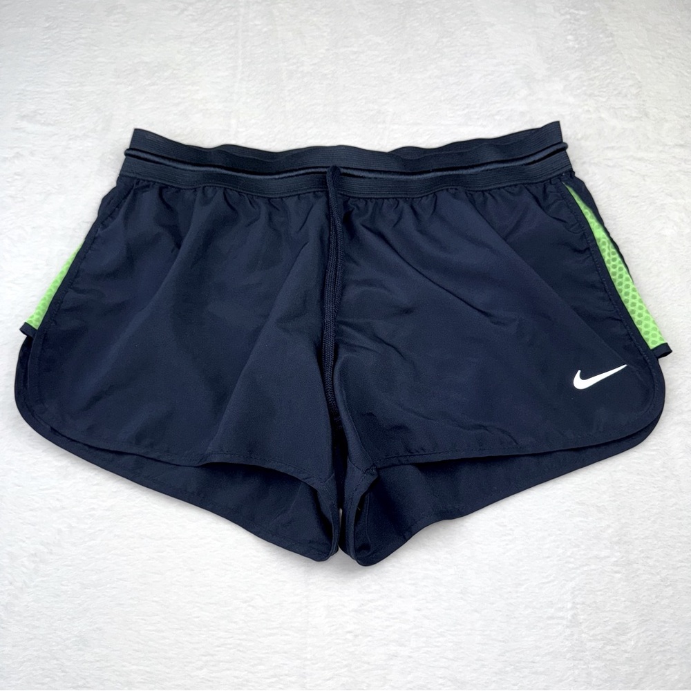 Nike Dri Fit Running Shorts. Women size S. Navy blue/ Green color. Inner Liner